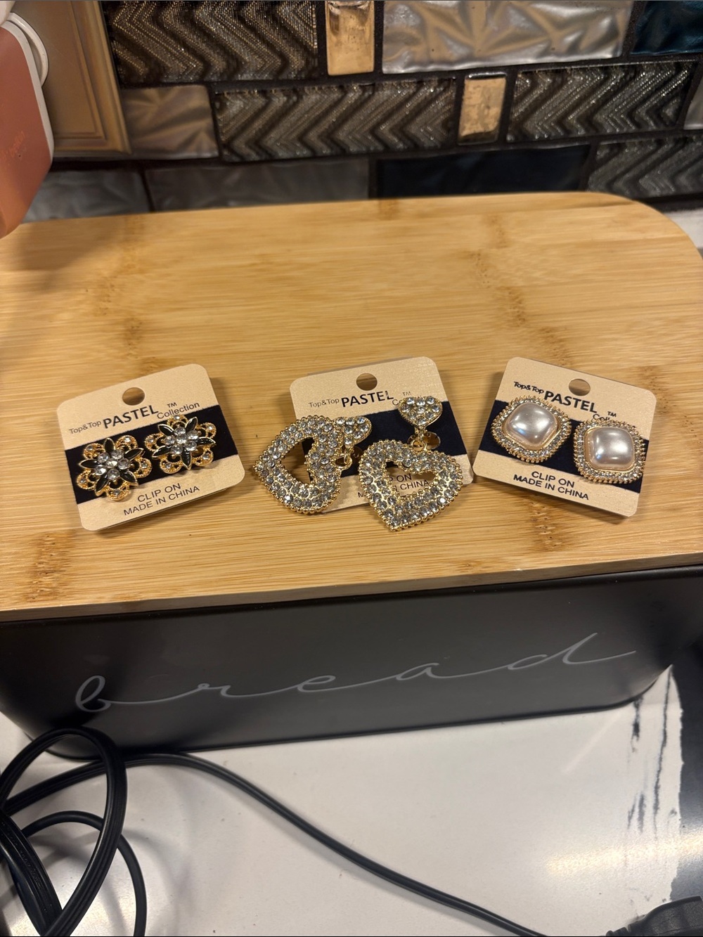 Pastels Gold-Tone Crystal Hearts, Pearl Squares & Floral Clip-On Trio